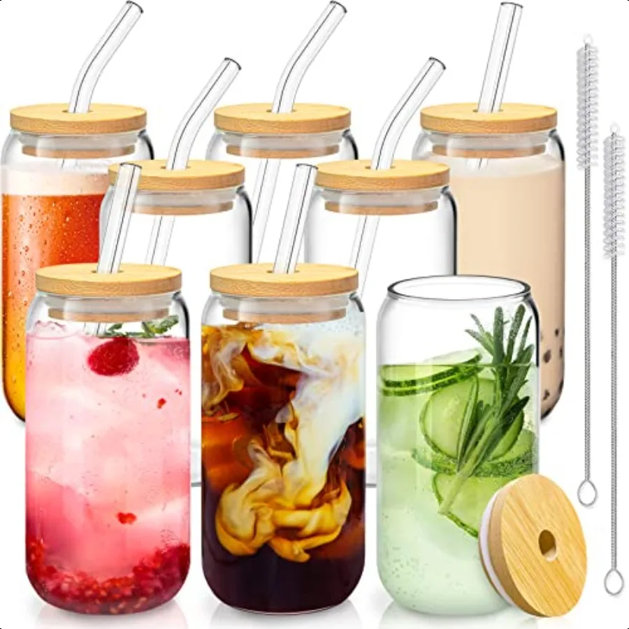 

16 Oz Drinking Glasses with Bamboo Lids and Glass Straw 8 Pcs Glass Cups Beer Ice Coffee Glasses Cute Aesthetic Cup Great for C