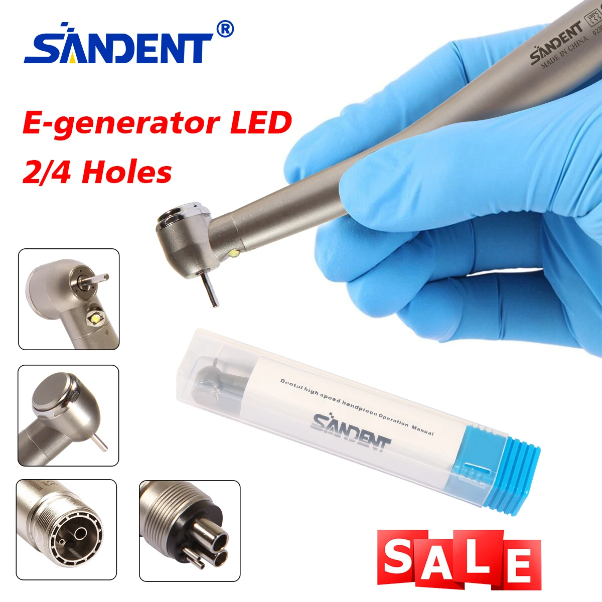 

SANDENT Dental E-generator LED High Speed Turbine 4-2 Hole Large Head Internal 3 Water Spray Push Button NSK Style