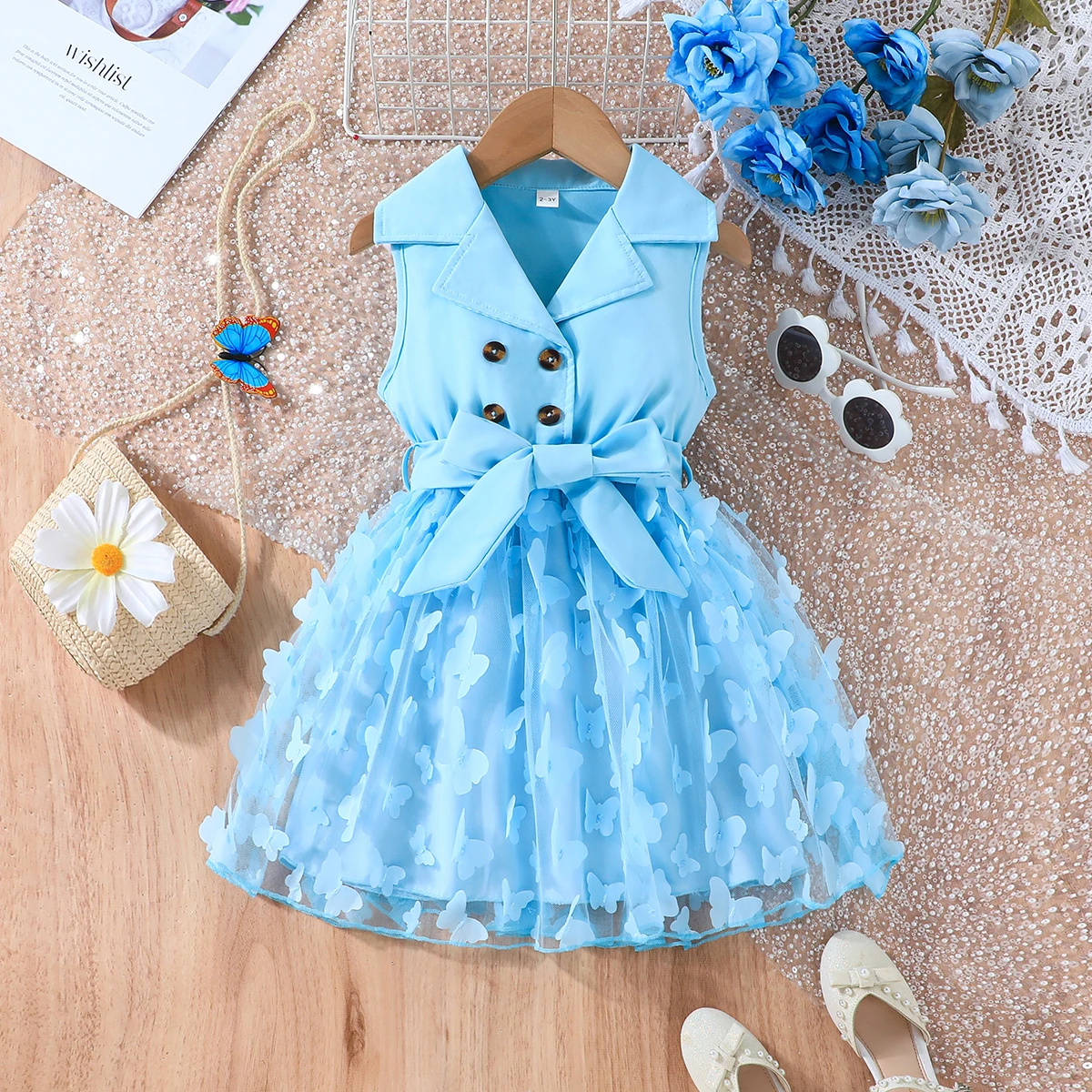 Dress For Kids Girl Birthday Fashion Sleeveless Cute Butterfly Embroidery Mesh with Belt Princess Dresses Ootd For Girl