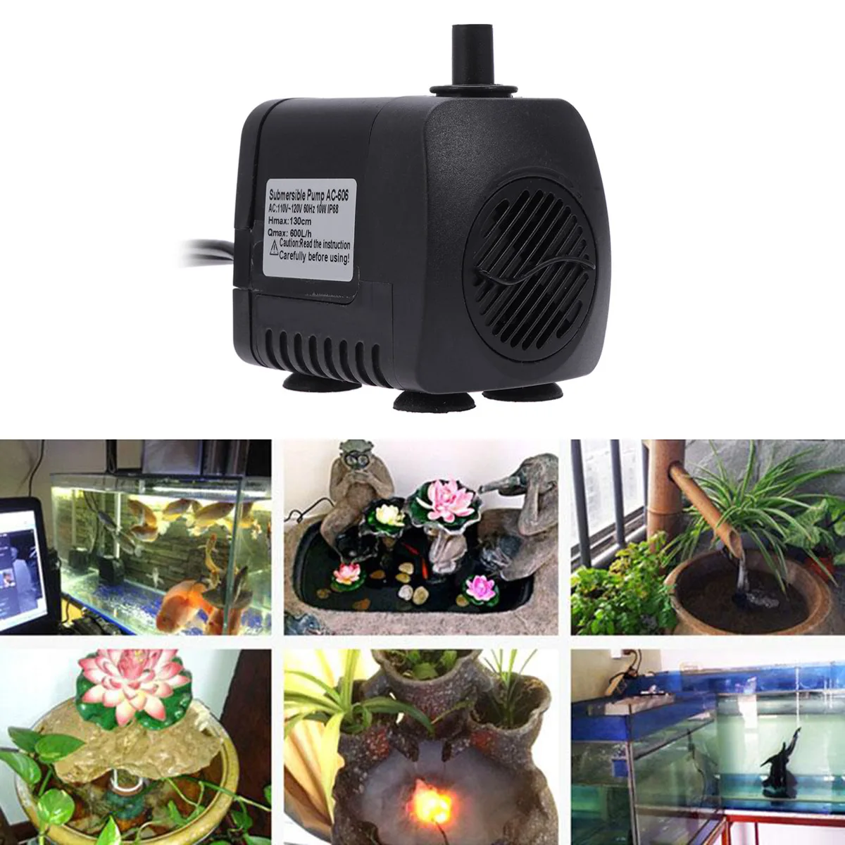 

10W Compact Submersible Water Pump Black with Us Plug Energy Saving Adjustable Flow Rate for Fountains Aquarium Fish Tank Ponds