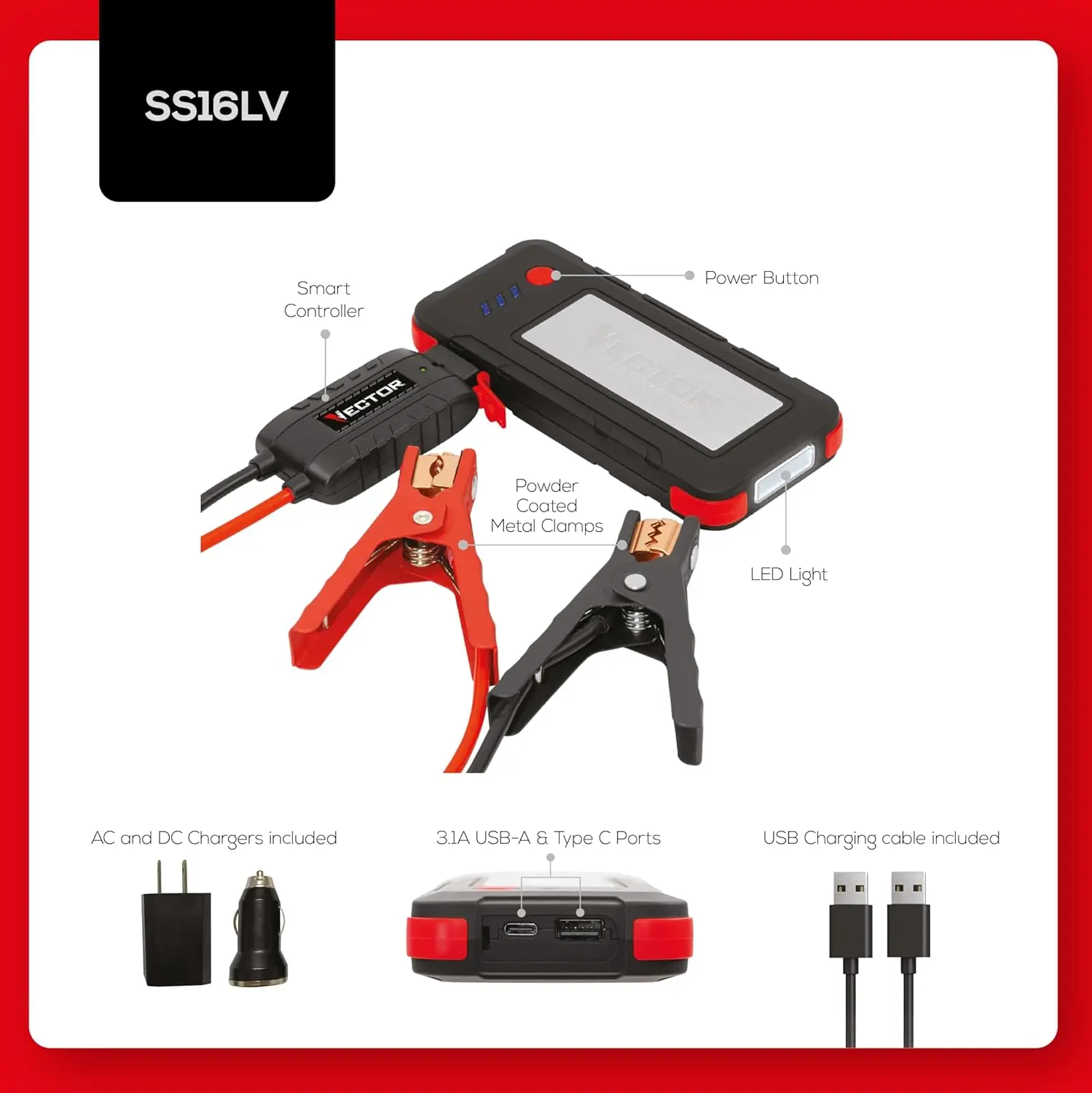 SS16LV 1600A Lithium Jump Starter، USB-A/C، 3.1A، مدخل/خارج الطاقة، ضوء LED، مشابك شديدة التحمل #6