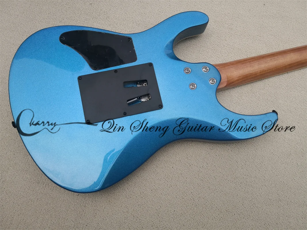 6 string electric guitar, suh guitar metallic blue body, mahogany body and head, colorful shell inlay