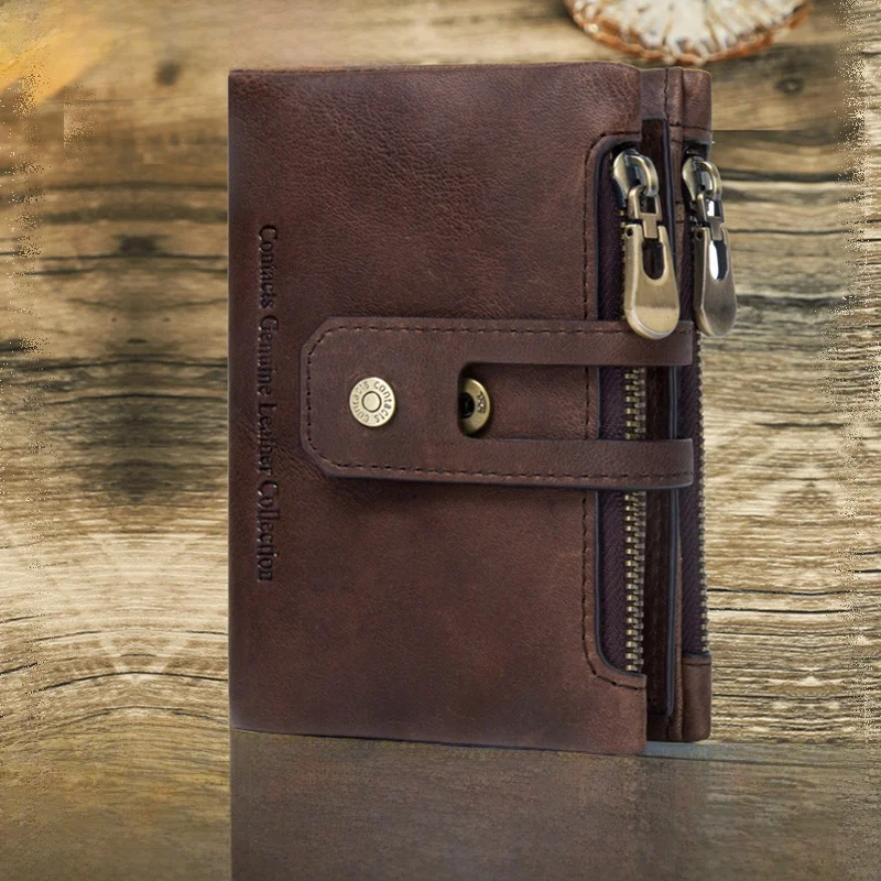 

Fashionable Men's Wallet Top Layer Cowhide Leather Double Zipper Buckle Casual Money Clip Stylish Black Angel Leather Purse