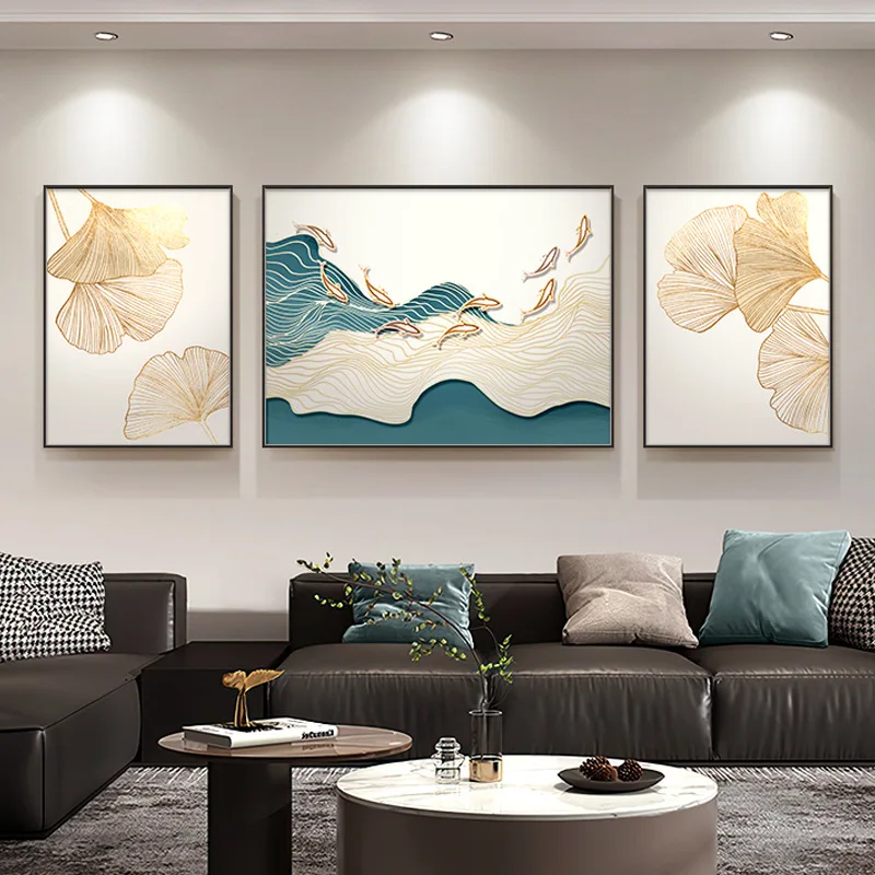 

Nine fish figure ginkgo biloba triptych decorative sofa background wall living room canvas painting