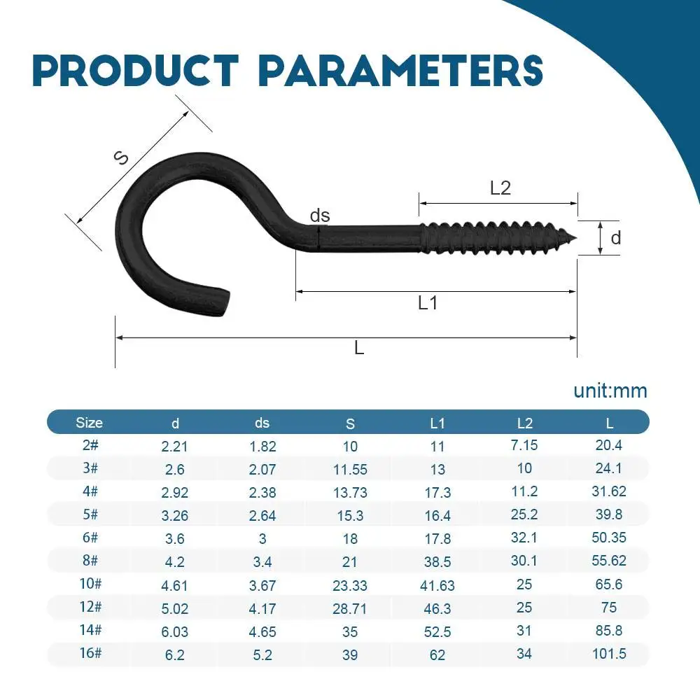 HOWSHENG Opening Sheep Eye Lamp Hook Screws Question Mark Hook 1# 2# 4# 5# 6# 7# 8# 9# 16# Black Plated Ceiling Hooks Screw-in