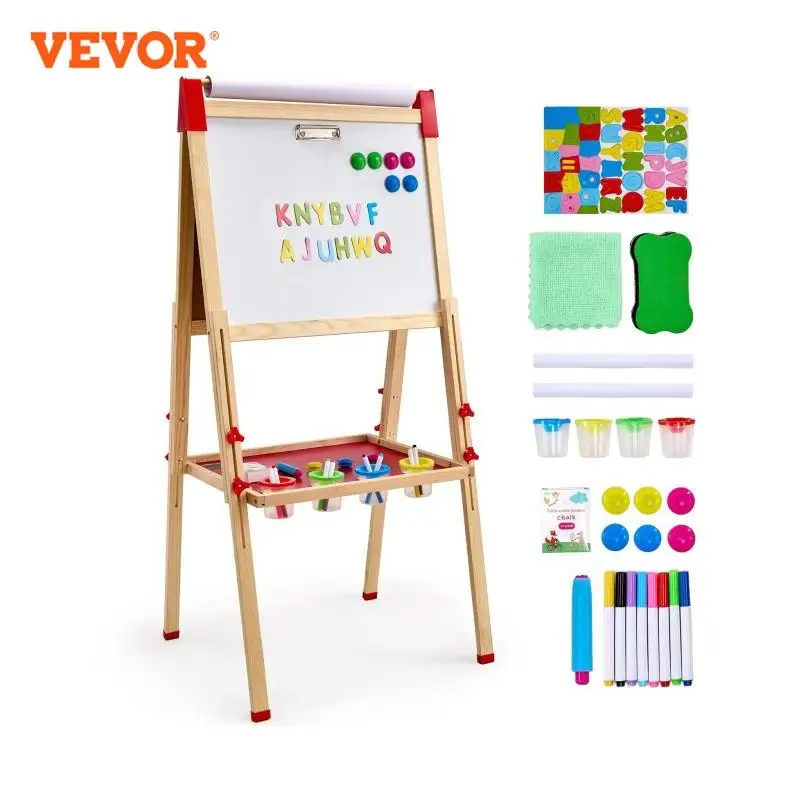 VEVOR Children Magnetic Drawing Board Wooden Double-Sided Kid's Art Easel with Whiteboard Chalkboard for Boys Girls Gifts Toys