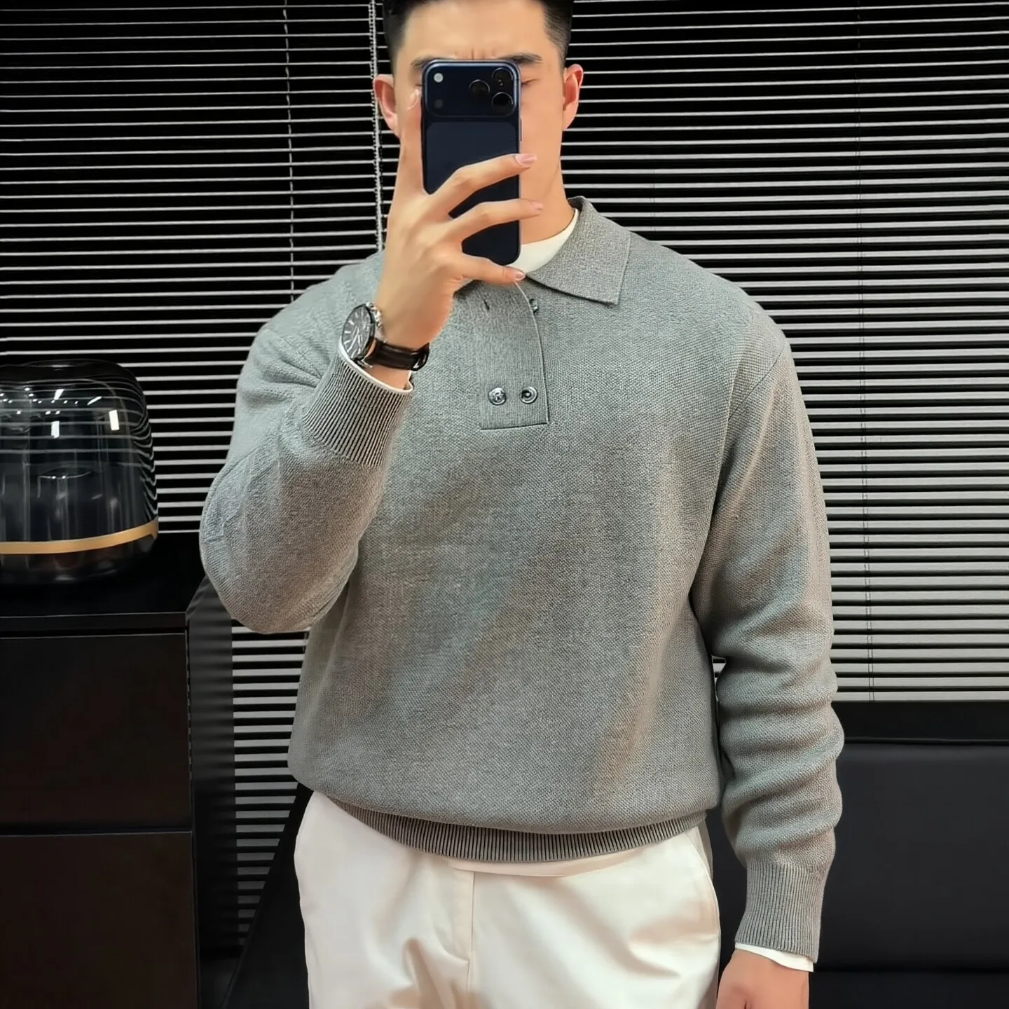 New fashion Joker Lapel POLO Shirt Men's Grey Cashmere Knitwear High Sense Leisure Long Sleeve