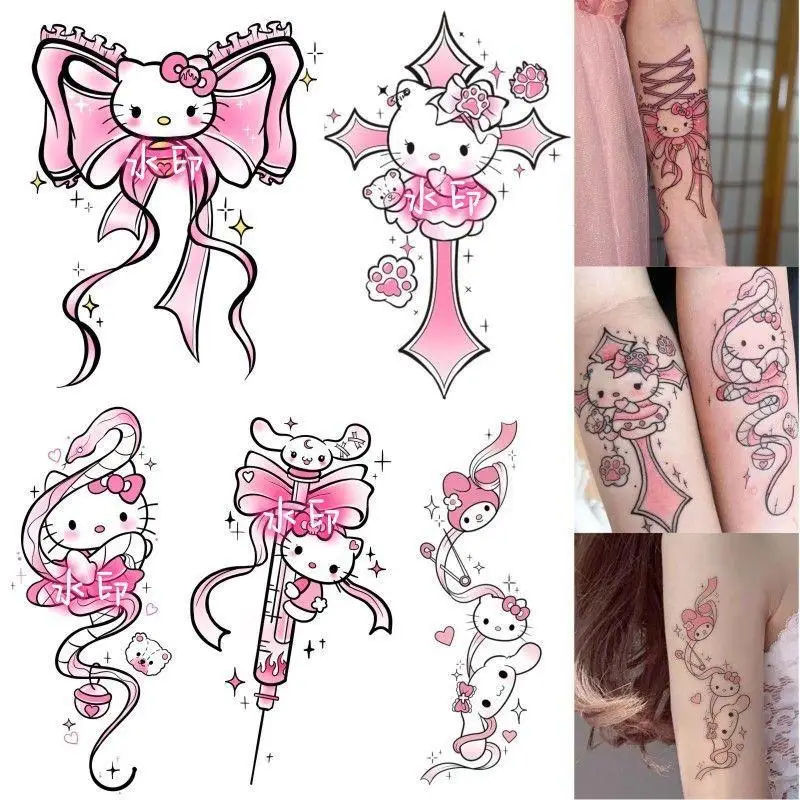 Sanrio HelloKitty Cartoon Sweet Cool Hot Girl Waterproof Temporary Tattoo Sticker kawaii Anime Art Fake Tatto Hand Tatoo