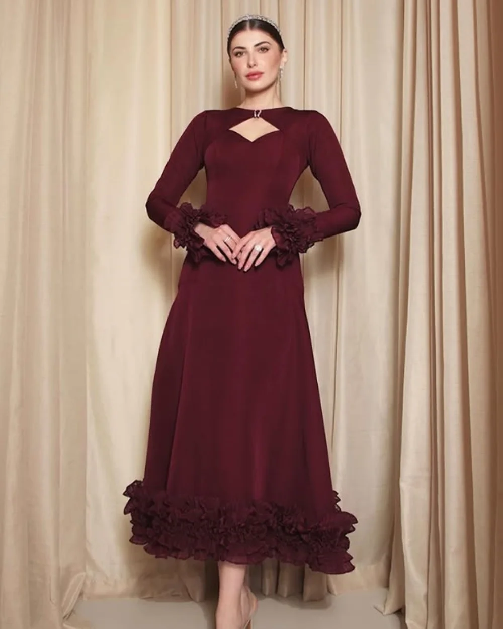 

Customized Elegant Women Jersey Ruched Pleat A-line Evening Dresses High Quality Retro O-Neck Long Sleeves Ankle Length Dresses