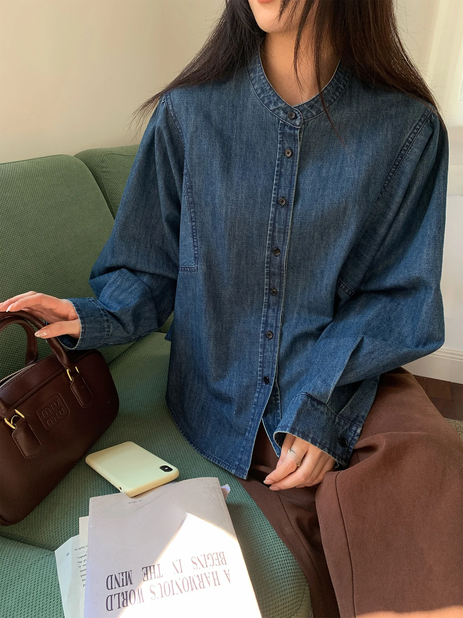 

Женская винтажная джинсовая рубашка NAZ большого размера с цветочным узором и вырезами, повседневная, с длинным рукавом, из смесового хлопка и полиэстера