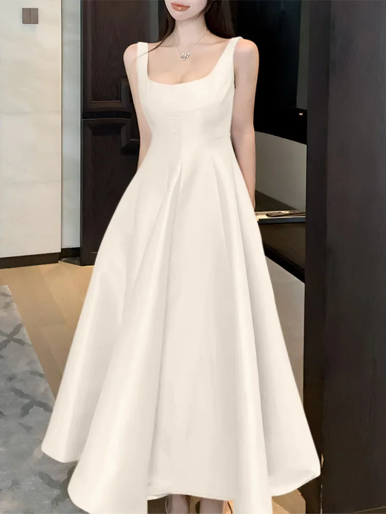 女性ファッション 6 色サテンカクテルパーティーロングドレス ZANZEA エレガントなスクエアネックノースリーブ A ラインイブニングドレス女性のための