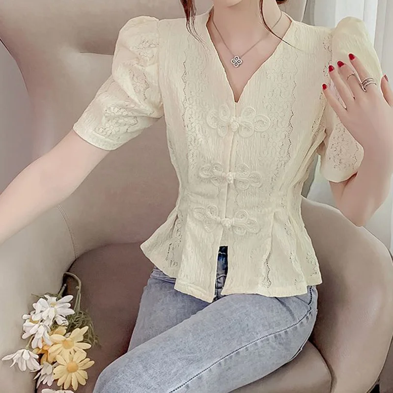 2024 New Summer Chinese Style Loose Casual Retro Women\'s Clothing QIPAO Irregular Sweat V Neck Short Sleeve Chiffon Chic Tops