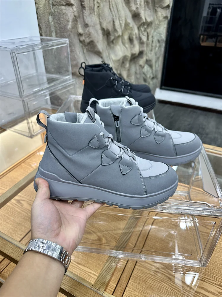 High-End Winter Hiking Boots Men's Warm Fleece Lined Casual High Top Shoes Durable Mixed Material Upgraded Stitching Style