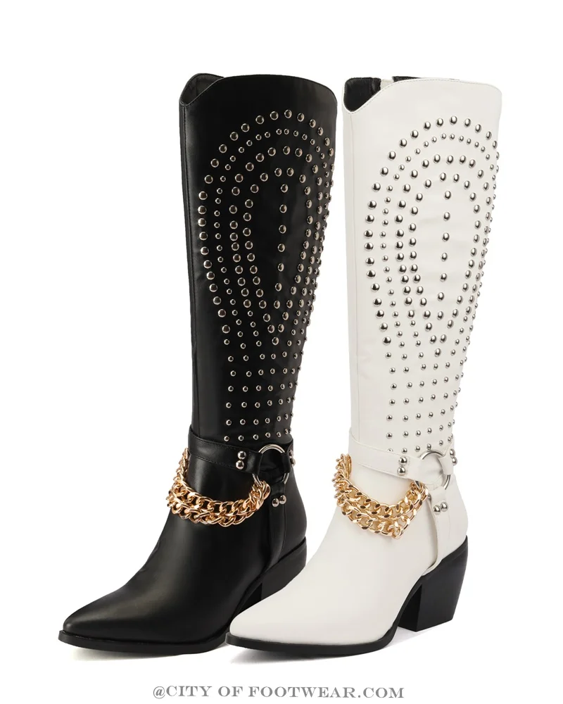 

Studded Metal Chain Western Boots New in Pointy Toe Chunky Heel Black\White Leather Knee High Boots Designer Shoes for Women