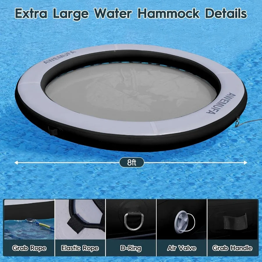 Rede de água de 8 pés, anel flutuante redondo de 8 polegadas de espessura com flutuadores de malha para adultos, tapete flutuante circular resistente para piscina infl