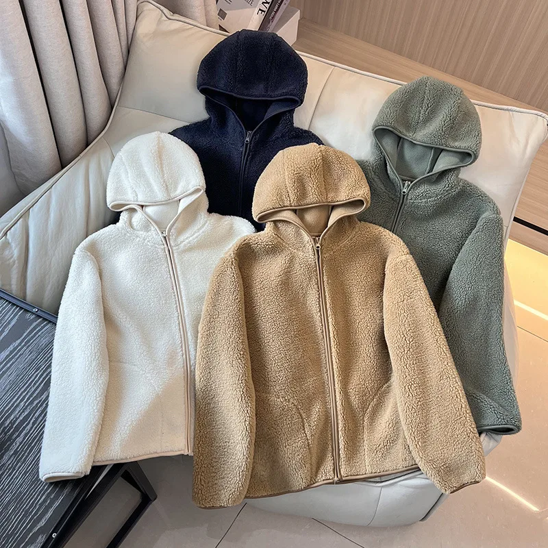 

Japanese Style Fleece Lined Jacket Loose Casual Zip Up Thermal Jacket Short Hooded Warm Padded Jacket Trendy Cozy Plush Coat