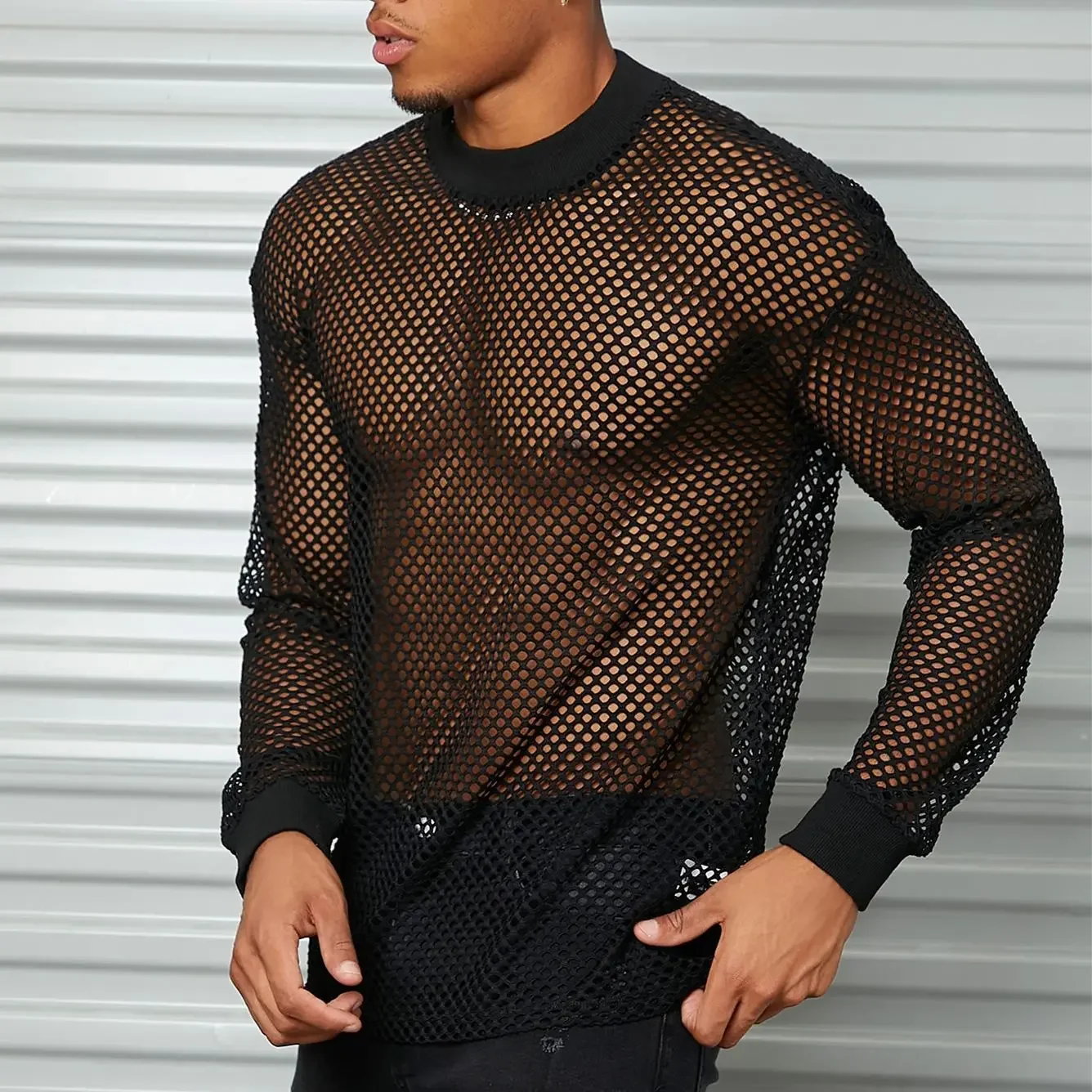 Men Black Mesh Slim T-shirts Summer Male O-Neck Long Sleeve Fishnet Mesh Hollow Out Breathable Bottoming Tops XBKJ-T101505