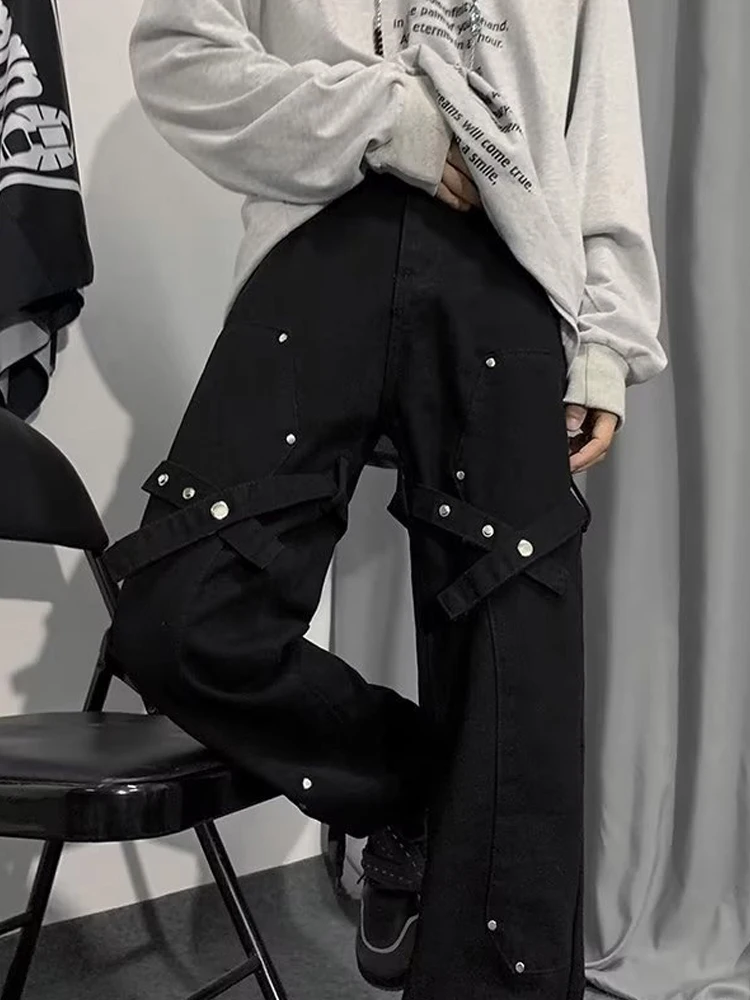 

High Waist Straight Leg Men's Workwear Trousers Bell Bottoms High Street Style Autumn Fashion Durable Stretch Denim Jeans