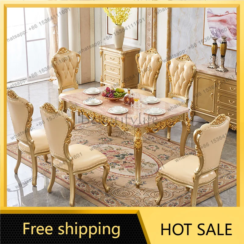 PJ European dining table solid wood square table champagne golden luxury long dining table