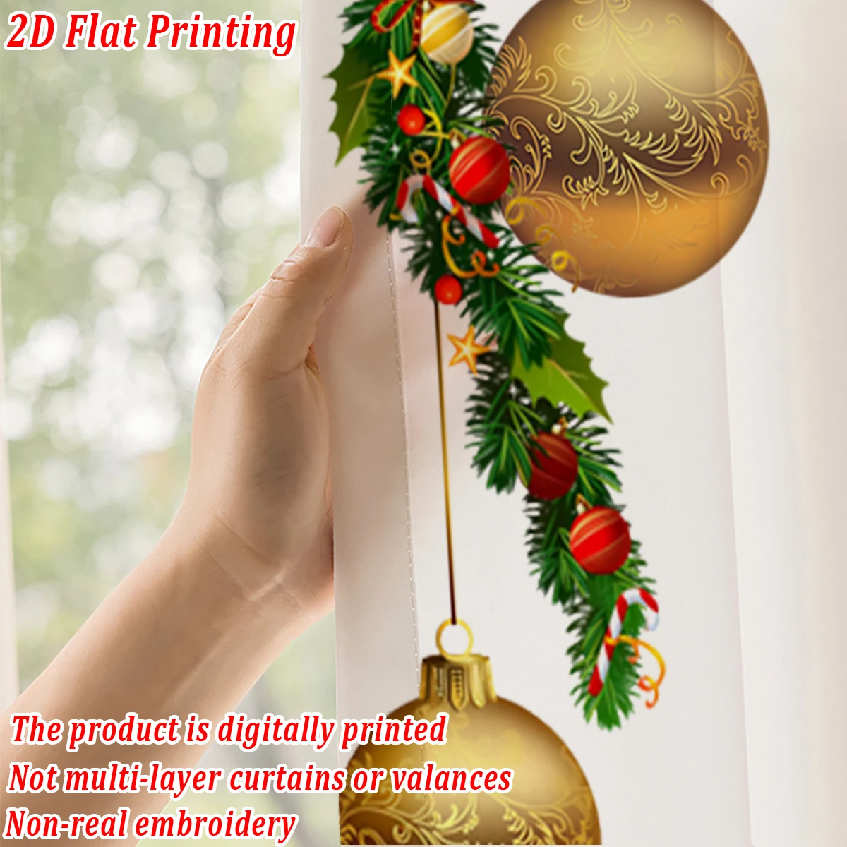 ستارة شفافة مطبوعة مسطحة لعيد الميلاد مع قوس كرة عيد الميلاد فروع الصنوبر لتزيين غرفة المعيشة وغرفة النوم وحفلات العطلات