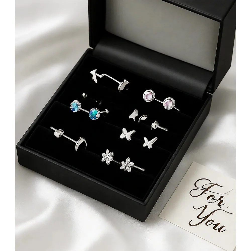 

25 пар серег-гвоздиков из хирургической стали, набор для пирсинга хряща, с опалом, лунным камнем, бирюзой, бабочками, цветами, звездами, плоская задняя часть, серебристые