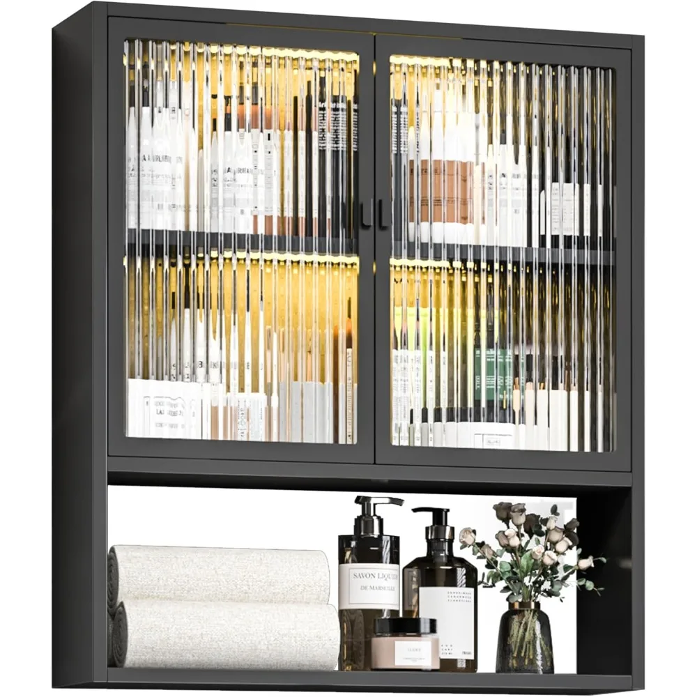 

Bathroom Wall Cabinet,Metal Medicine Cabinet with Glass Doors,Wall Mounted Cabinet Over The Toilet,Black Small Cupboard