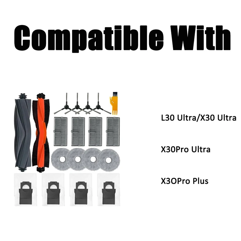 مجموعة بديلة لـ Dreame X30 Ultra/L30 Ultra /X30 Pro Ultra/X30 Pro Plus أجزاء المكنسة الكهربائية الفرش الرئيسية مرشحات أكياس الغبار