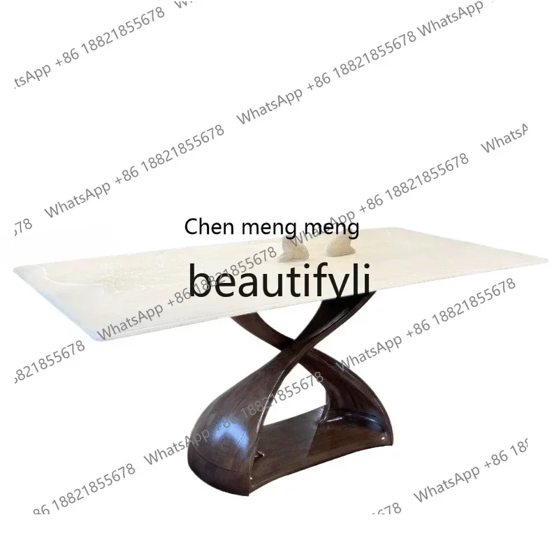 

182Q Natural marble light luxury high-end white ice jade luxury stone dining table all solid wood ash wood base