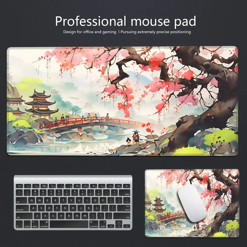

Коврик для мыши HYBXAXC Xxl Guochao с пейзажным рисунком, розовое дерево с цветами вишни, большой коврик для стола, для компьютера, игр, клавиатуры, нескользящий, длинный ковер