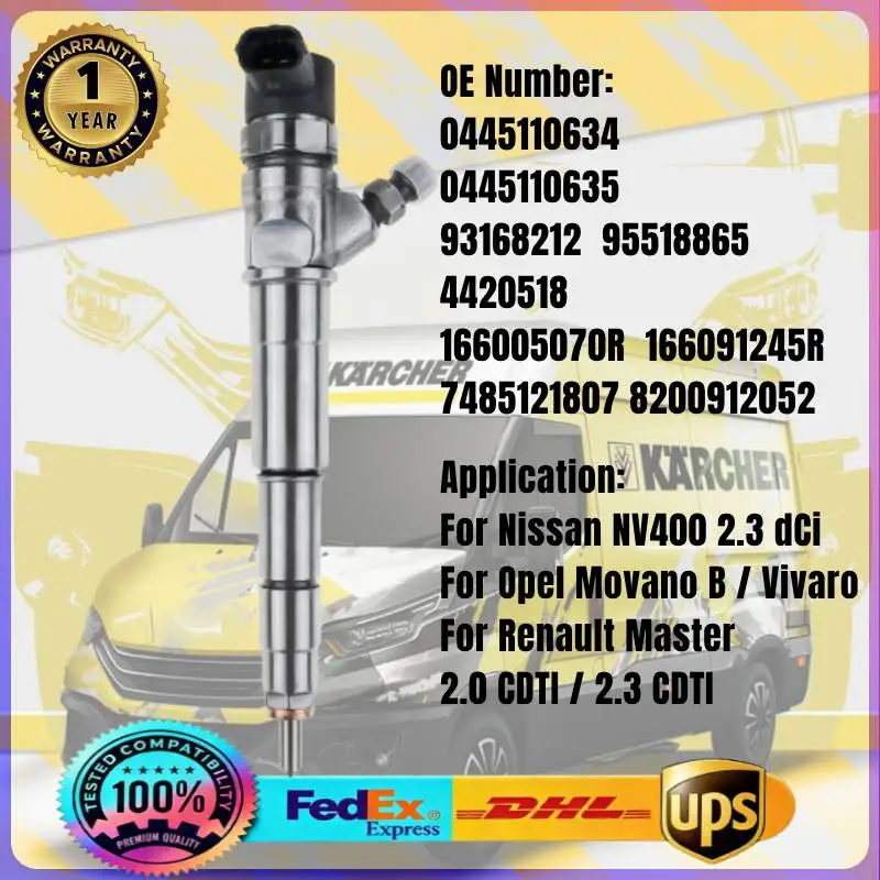 

0445110634 0445110635 166091245R 8200912052 95518865 Fuel Injector for Nissan NV400 Renault Master Opel Movano 2.0 2.3 dCi