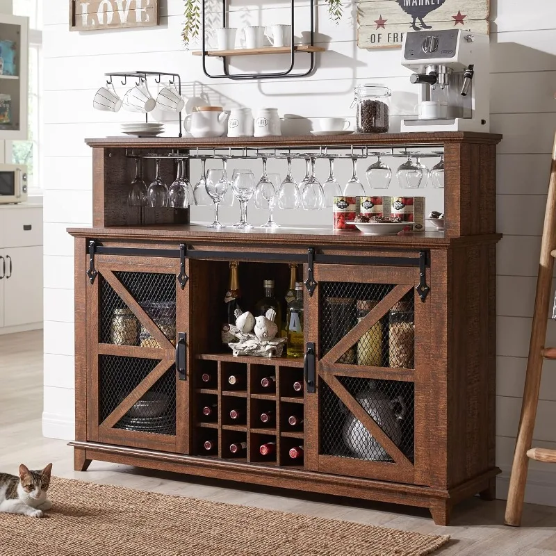 

Farmhouse Coffee Bar Cabinet with LED Lights 55" Wine Bar Cabinet w/Sliding Barn Door Wine and Glass Rack for Wine Bar