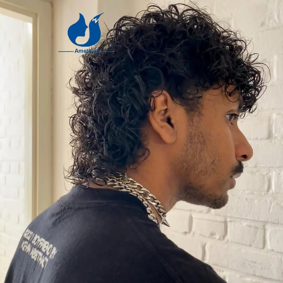 Amethyst Mullet Curly Lace Front Human Hair Wig for Men Brazilian Remy Hair Pre Styled 13x6 Frontal Wig Short Cut Male Hair