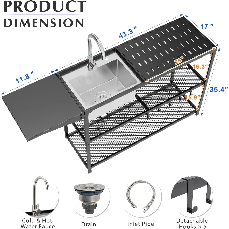 55 Inch Freestanding Kitchen Utility Sink with Stainless Steel Single Bowl Foldable Countertop and Cold Hot Water Faucet for Fa