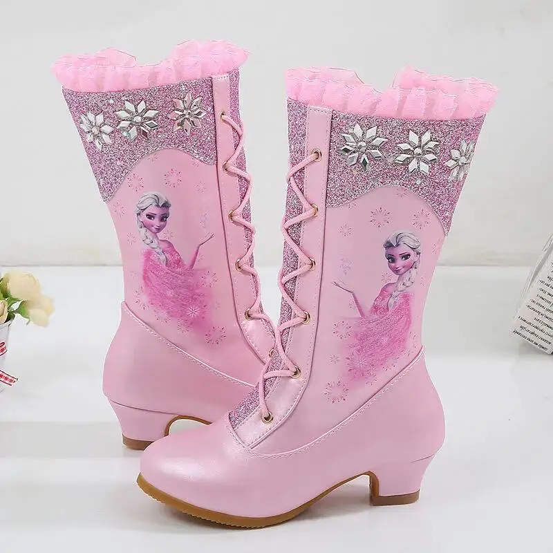 Disney Fashion Pink Girl Shoes Long Boots Disney Children Kids Warm Velvet Boots Shoes Princess Elsa High Heel Boot 26-37