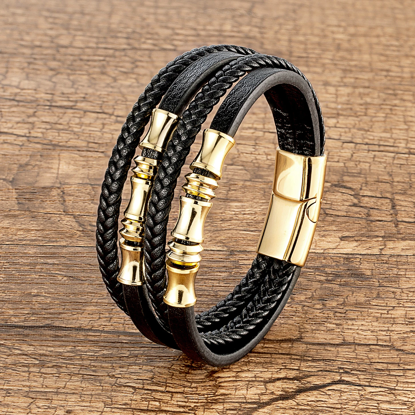 YAN MIN Stainless Steel Bracelet Men Wrist Band Black Woven Leather Rope Punk Bracelet Wristband Stylish Casual Jewelry