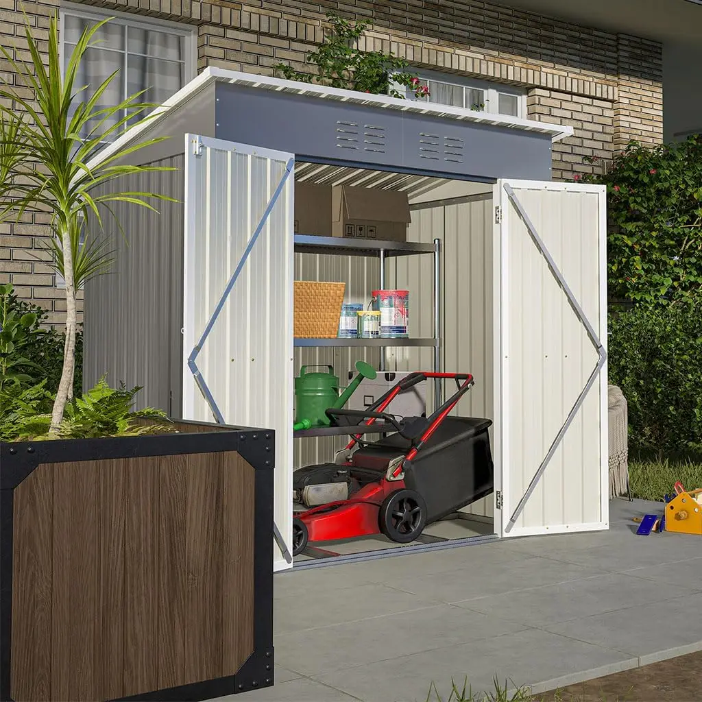 Outdoor Storage Shed, 6 x 4 FT Metal Garden Tool Shed, Galvanized Steel Storage House with Heightened Door, Heavy Duty Backyard Utility Shed for Patio Lawn Tools Trash Cans, Gray