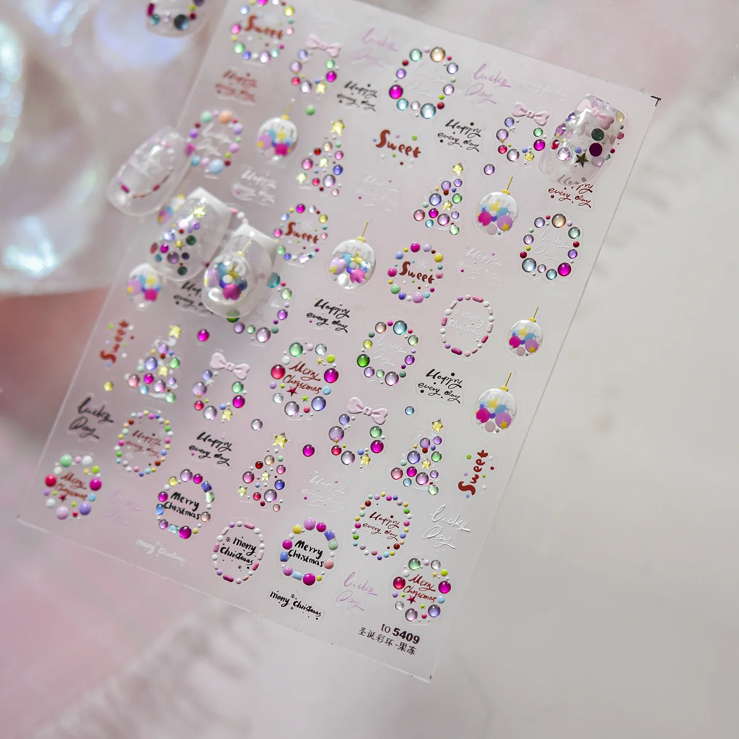 귀여운 꿈같은 크리스마스 컬러풀 볼 트리 리본 고품질 겨울 파티 네일 스티커 아트 장식 디자인 T-5409