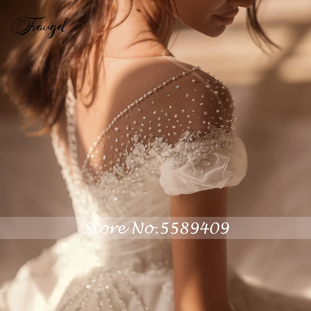 Customized Elegant Scoop Neck Short Sleeve Vintage Wedding Dresses Luxury Appliques Beaded Court Train Pleat A Line Bridal Gown