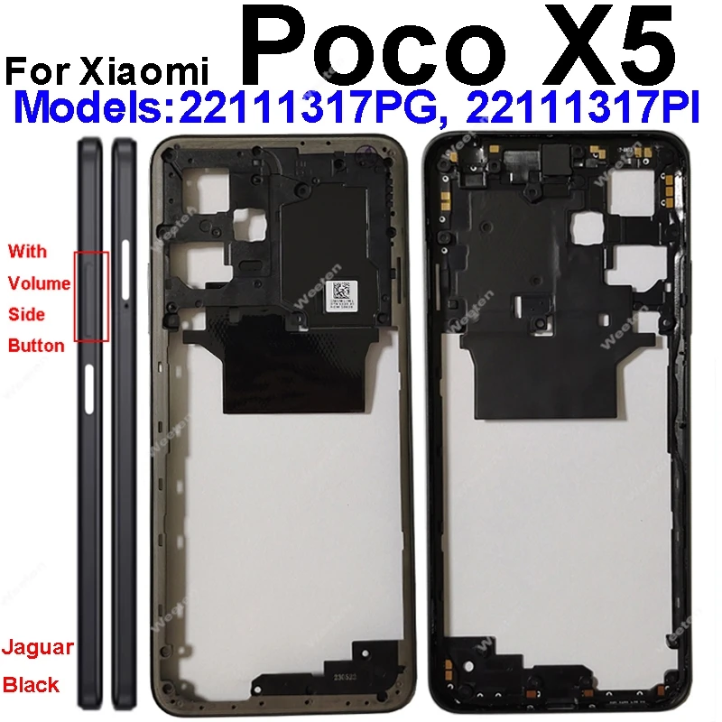 Middle Housing For Xiaomi Poco X5 Poco X5 Pro With NFC Back Cover Housing Front Frame Chassis with Volume Buttons Repair Parts