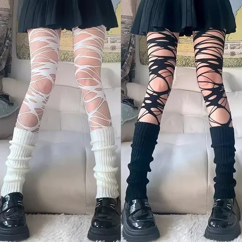 Medias caladas Y2K para mujer, medias sexys Punk, mallas JK Lolita por encima de la rodilla, medias femeninas con agujeros rotos, calcetín largo