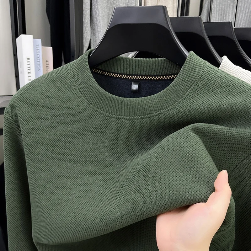 Herren-Pullover mit Rundhalsausschnitt, langen Ärmeln, Waffelstruktur, Fleece-Futter, warm, für den Winter, lässig, dick, für den täglichen Gebrauch, Oberteil – Detail 11