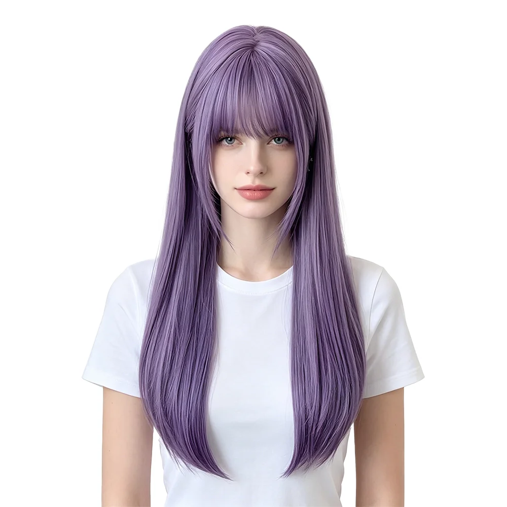 Ash Purple Long Straight Wig with Bangs Natural Looking For Women Music Festival Carnival Party Halloween Cosplay Full Head Wig