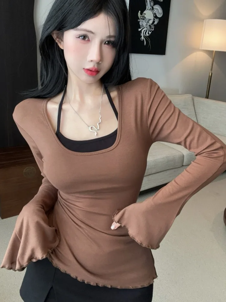 

Slim Fit Long Sleeve Fleece Lined Base Shirt with Bell Sleeves And Slits Inner Wear Tank Top Set for Autumn Commute Style