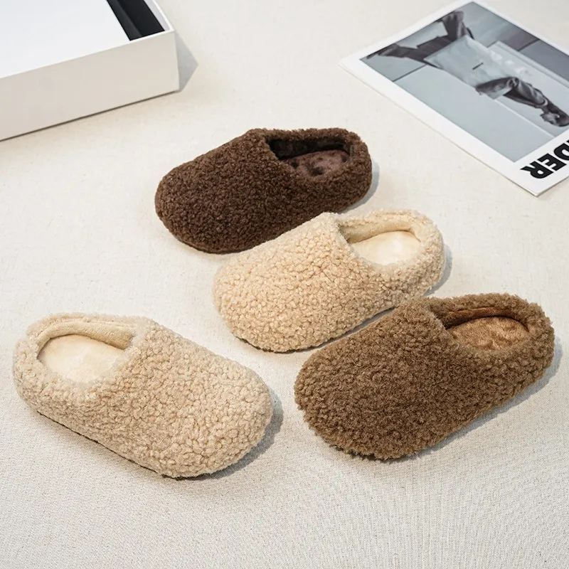 Children Home Slippers Girls Fluffy Winter Warm Shoes Thick Sole Anti-slip Kids Cotton Shoes Slip-on Simple Solid Color