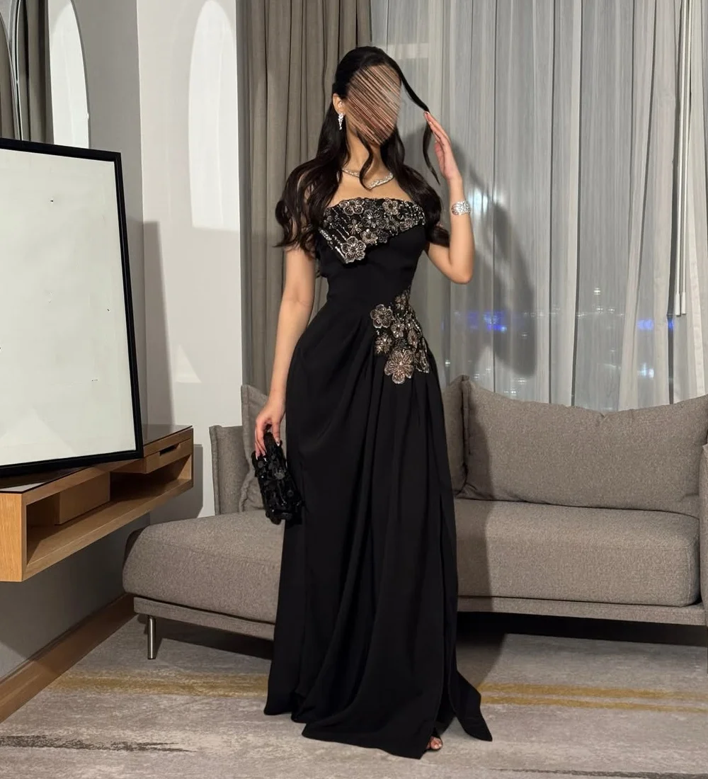 Customized Formal Chiffon Pleat Sequined Pattern A-line Strapless Long Bespoke Occasion Prom Dresses Chinese Style