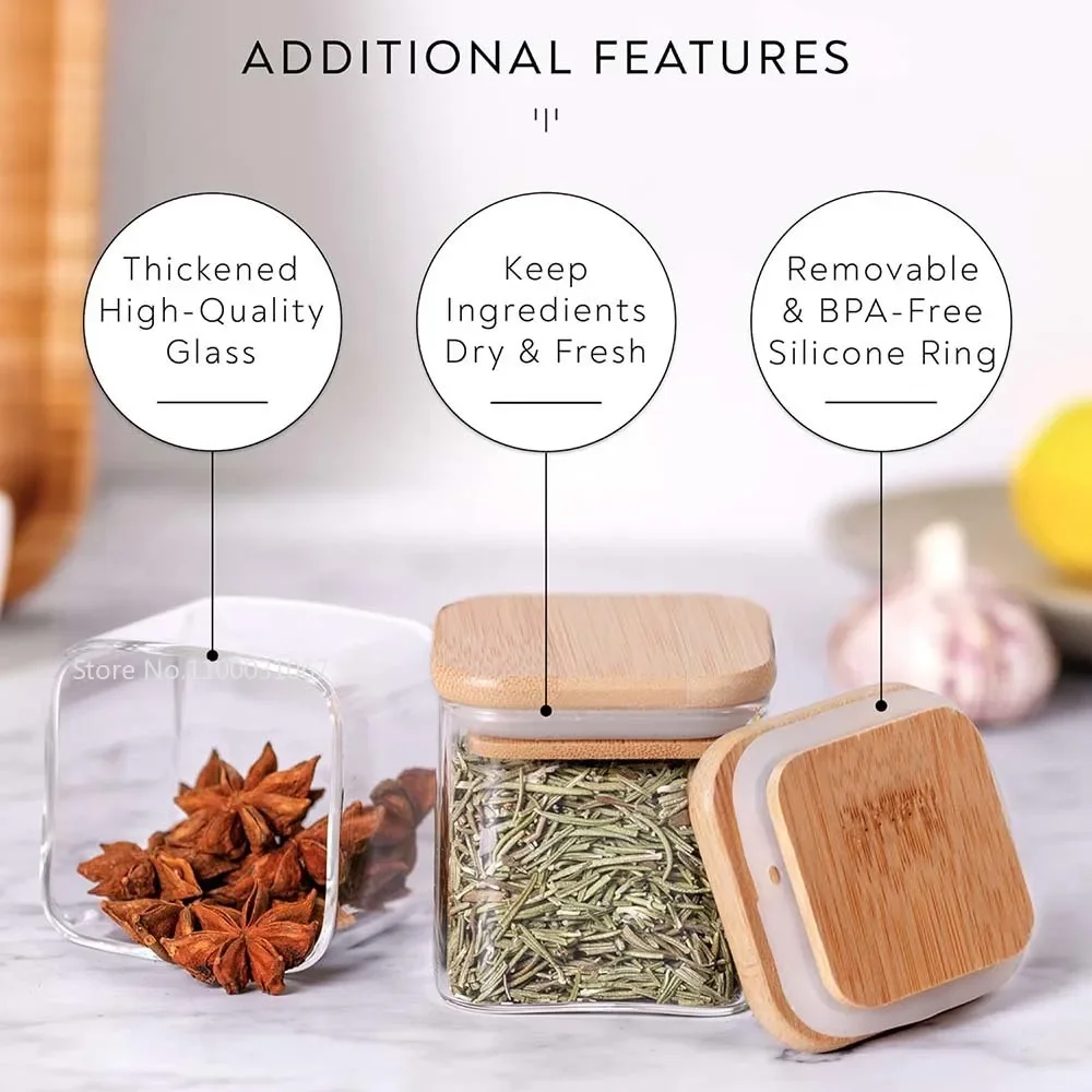 1/2/4/5PC 5oz Glass Jars Set ,Square Spice Jars with Bamboo Lids, Food Storage Container Canisters Tea Coffee Beans Wood Lid