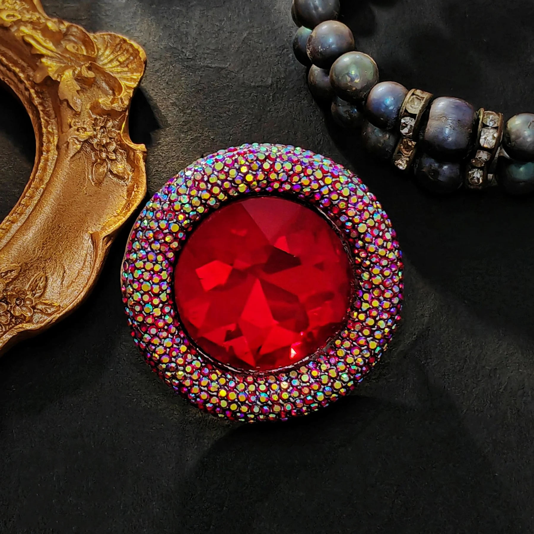 Stunning AB Aurora Borealis Red Rhinestone Round Pin Brooch Vintage Statement Jewelry image 5