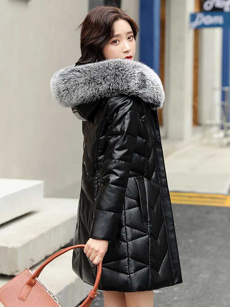 Haining レディース レザー ジャケット コート ファートリム シープスキン 本革 ダウンコート ミッドレングス 通勤用 スリーブ ジッパー C...