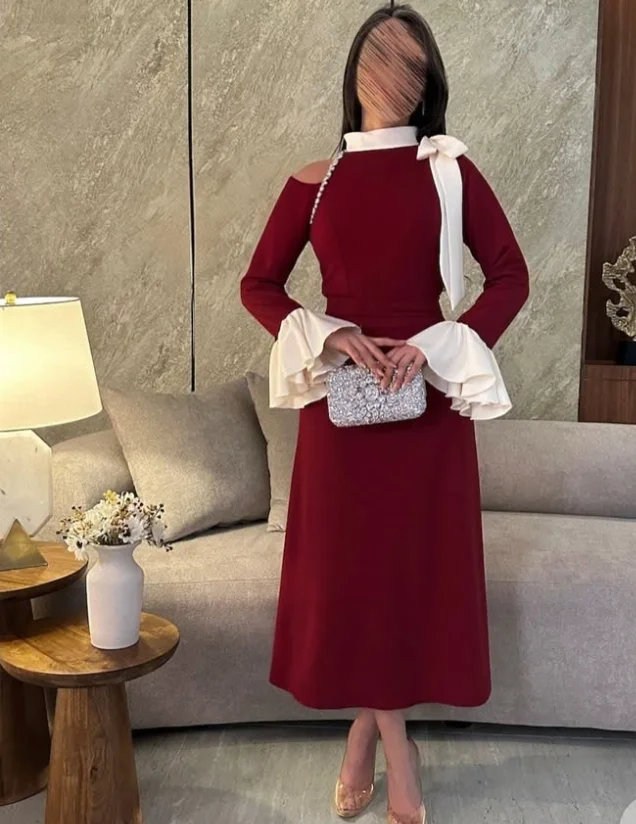 Robe rouge personnalisée De haute qualité, manches longues, longueur cheville, nœud froissé, col haut, robes De Gala, robes De Cocktail