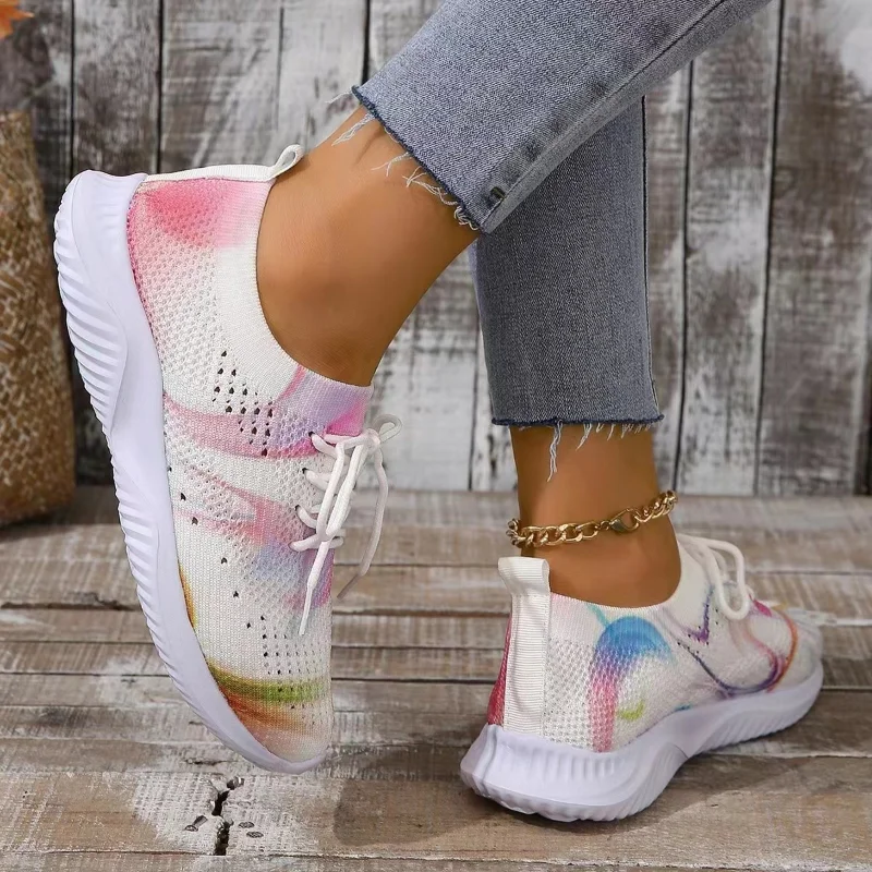 Women Mix Color Mesh Knitted Sneakers 2024 Autumn Lightweight Breathable Soft Sole Running Shoes Woman Slip on Flats Sock Shoes